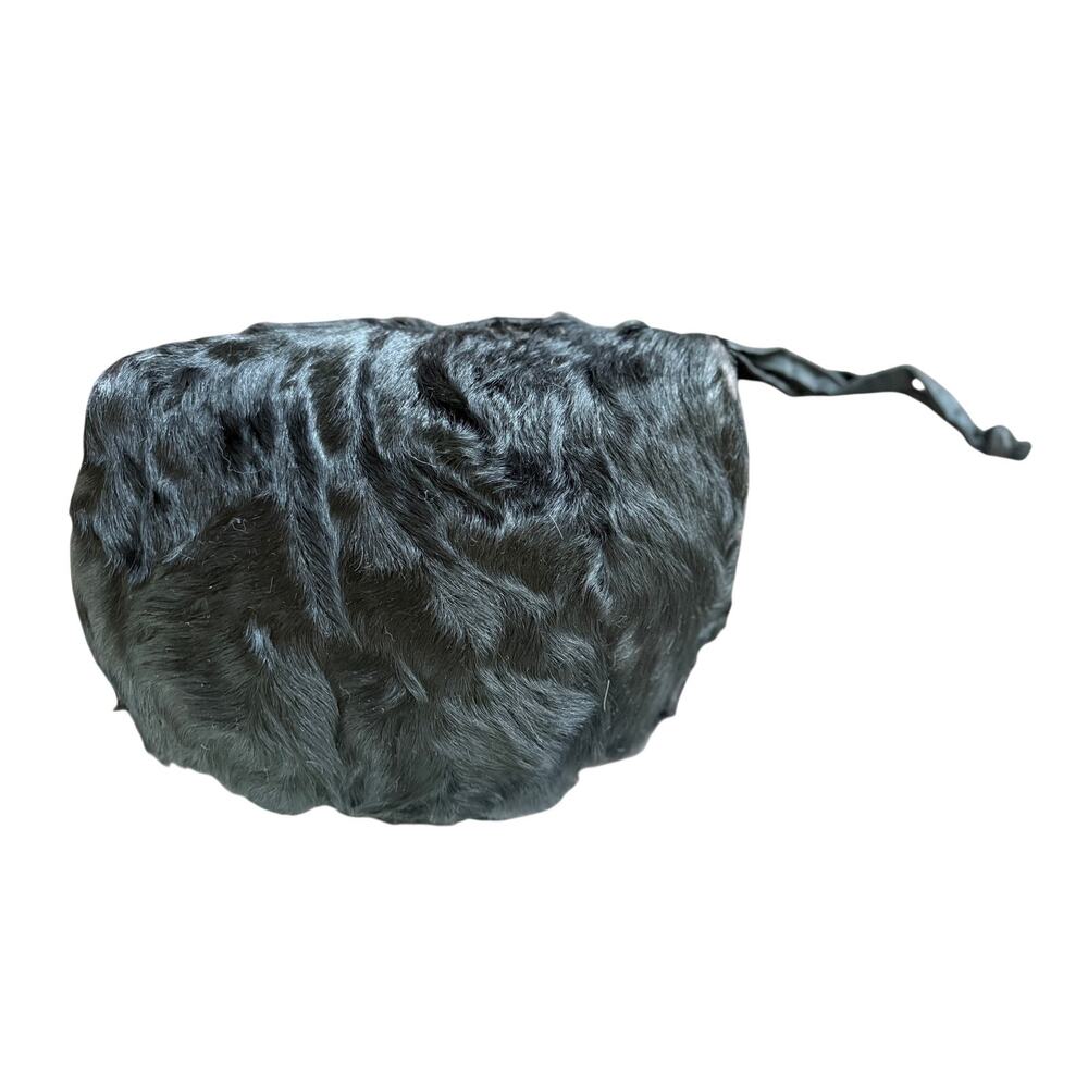 Vintage 50s 60s Black  Fur Hand Muff Hidden Pocket & Wrist String
